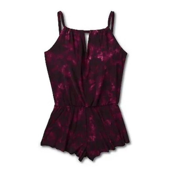 Aqua Green Women Sz M High Neck Swim Romper Pockets Burgundy One Piece Swimsuit - Picture 1 of 5